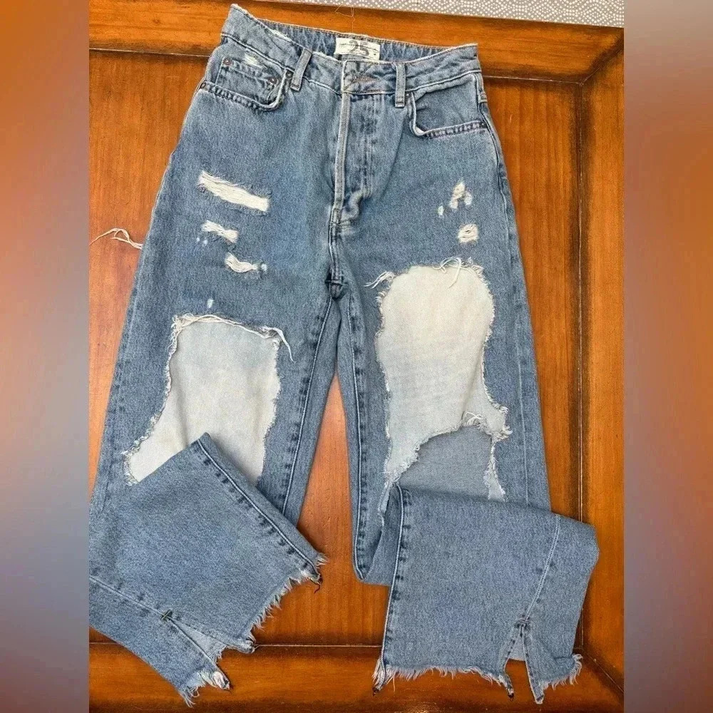 Free People Straight Leg High-Rise Patched Jeans